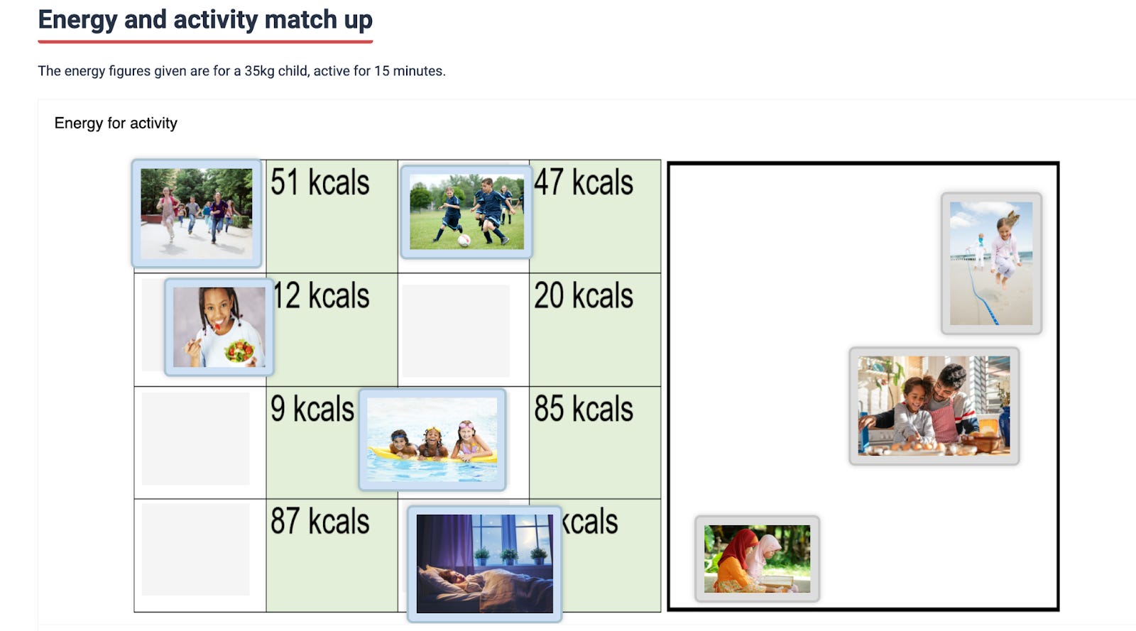 A screenshot of an activity asking kids to match up energy expenditure with the corresponding exercise