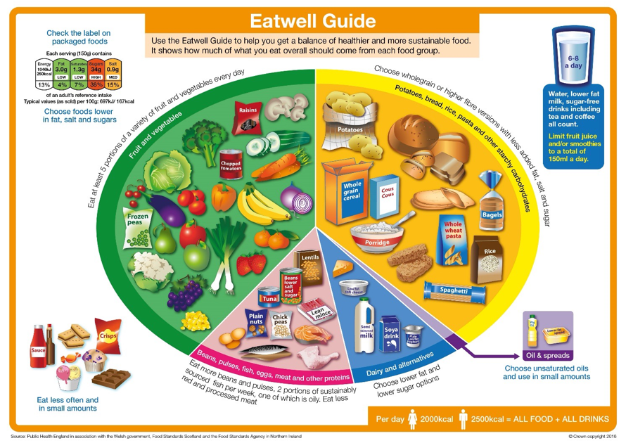 The UK Eatwell Guide, showing the recommended food groups and portion sizes for a typical adult